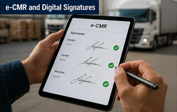 Șofer care semnează un document digital de transport pe tabletă, reprezentând semnătura electronică e-CMR
