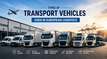 Diferite vehicule de transport utilizate în logistica europeană, inclusiv furgonete de livrare, camioane, semiremorci și vehicule frigorifice